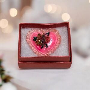 Hand Crafted Pink Heart Brooch with Floral Design